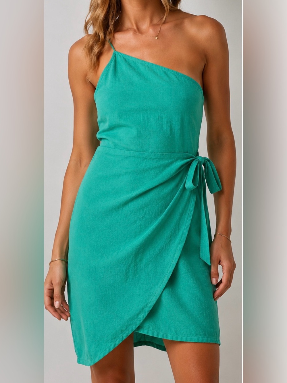 KORI One Shoulder Wrap Mini Dress Green Size Medium Smocked Back Side Tie